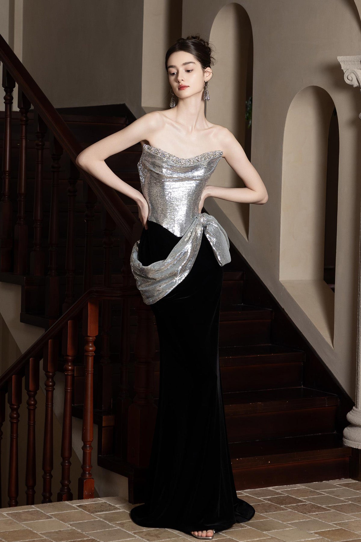LX Silver Black Velvet Mermaid Gown