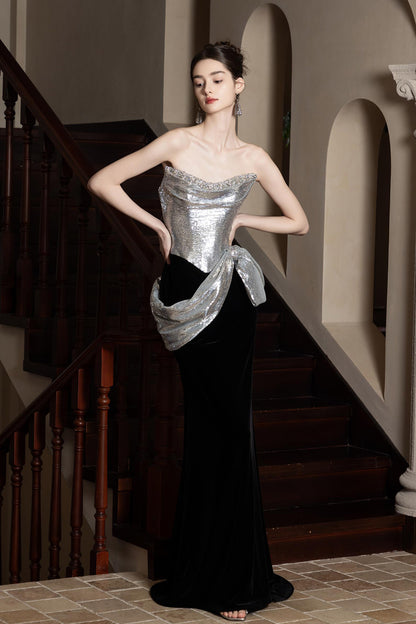 LX Silver Black Velvet Mermaid Gown