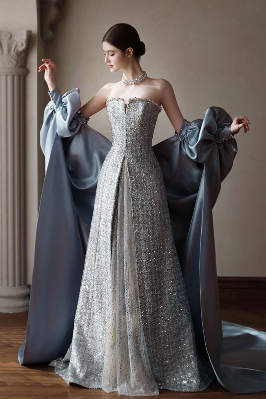 LX Kim Silver Tube Overskirt Gown