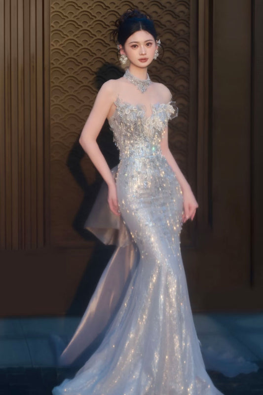 XJ Kalista Silver Mermaid Bow Gown