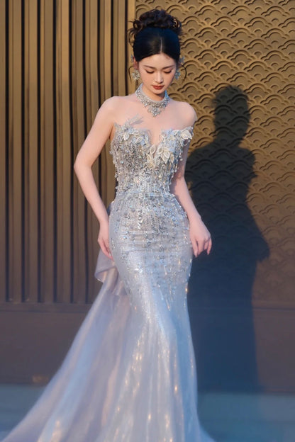 XJ Kalista Silver Mermaid Bow Gown