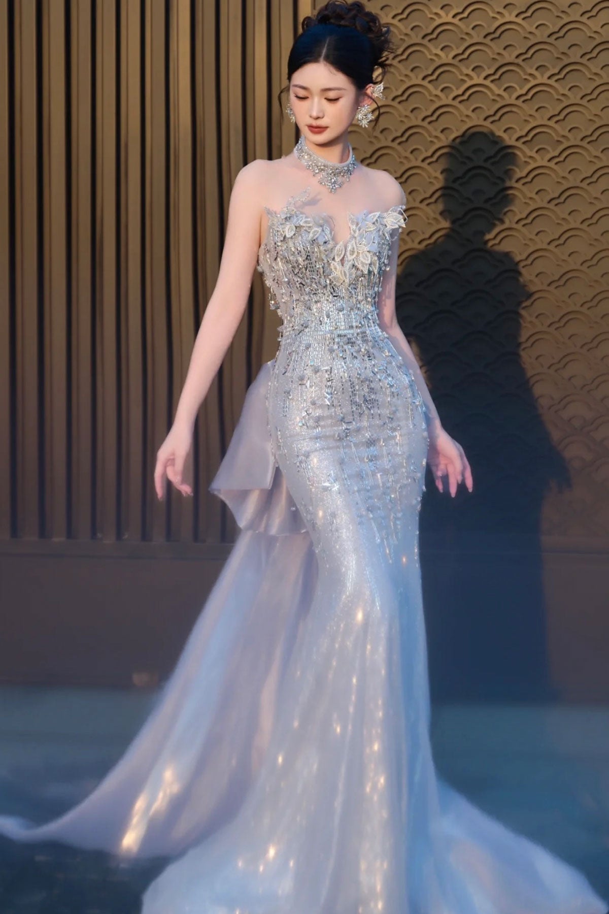 XJ Kalista Silver Mermaid Bow Gown
