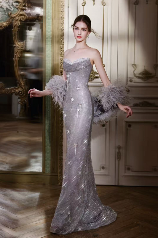 SS Vera Silver Feather Cape Gown