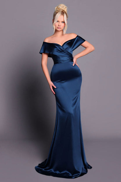 JA Megan Bardot Teal Satin Gown