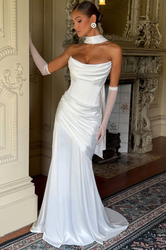 Boo Cowl Tube White Satin Gown