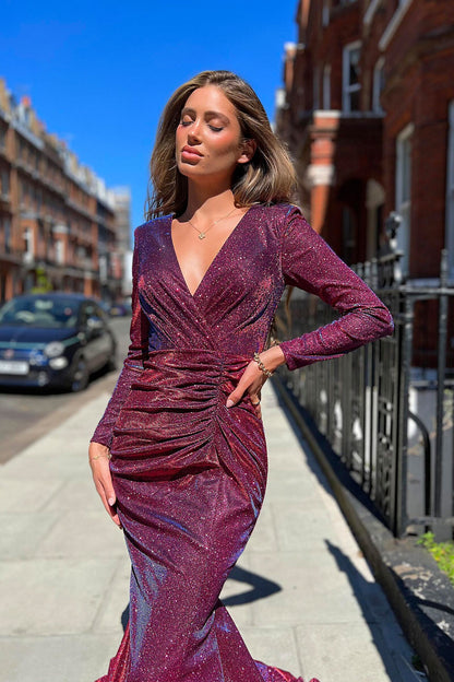 JA Stardust Wine Long Sleeve Gown
