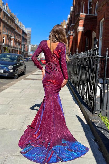 JA Stardust Wine Long Sleeve Gown