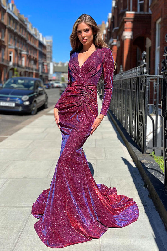 JA Stardust Wine Long Sleeve Gown