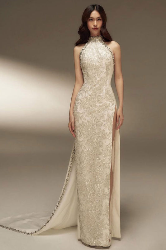 NR Halter White Silver Overskirt Gown