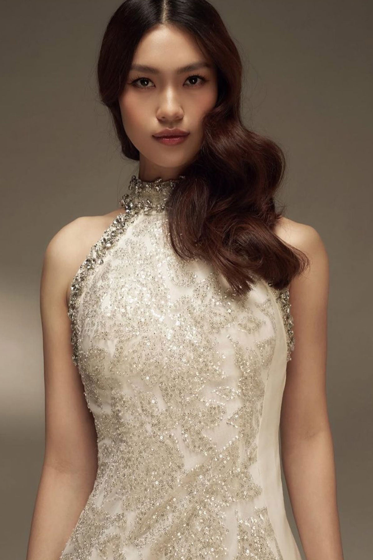 NR Halter White Silver Overskirt Gown
