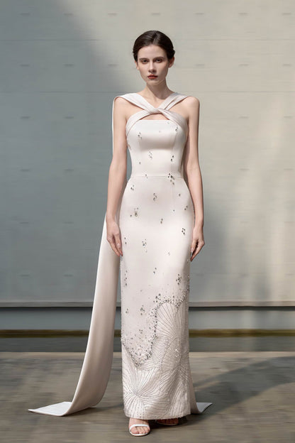 SV Dahlia Halter White Satin Gown