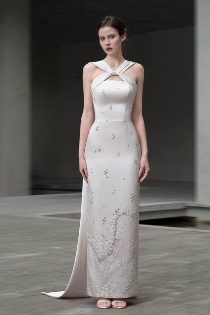 SV Dahlia Halter White Satin Gown