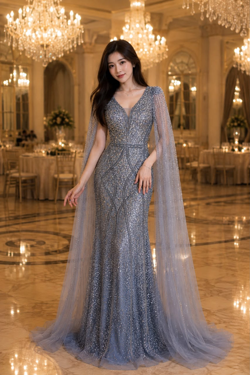 GH Cleo Dusty Blue With Cape Gown